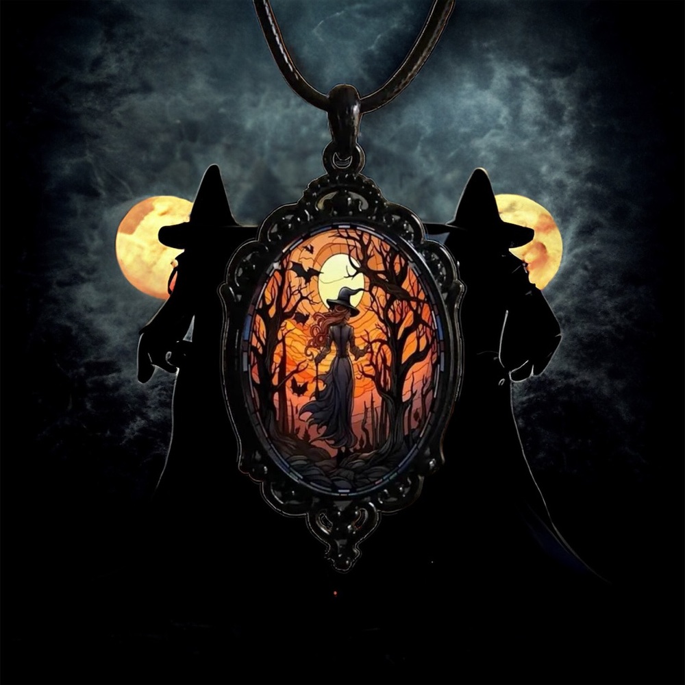 Retro Style Bat Witch Pendant Cameo Black Pendant  Necklace Gothic Glass Pendant